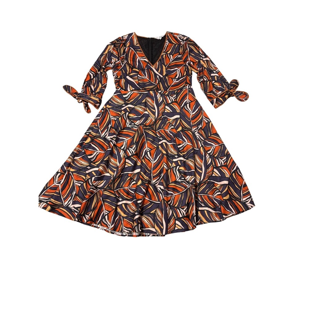 LaRoque Original Leaf Print Cotton Fit & Flare Dress Orange Navy Large